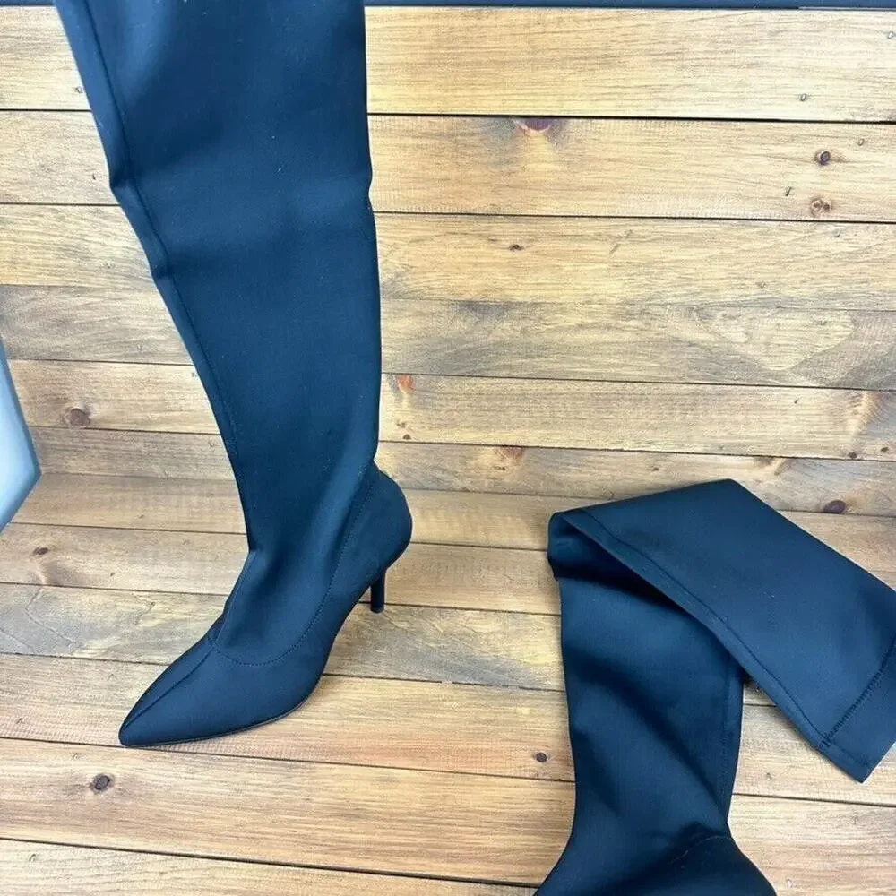 INC Zaliaaf Regal Black Satin Pointed Toe Stiletto Over The Knee Boots 5